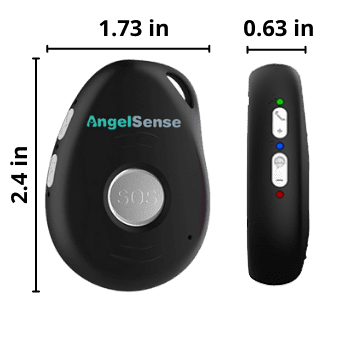 A small, simple black devise has one button in the center that says SOS and two buttons on the side. Measurements indicate the devise is 2.4 inches long, 1.73 inches wide, and .63 inches deep. 